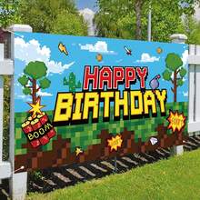 像素生日派对装饰采矿视频游戏背景矿工主题摄影背景横幅用于矿山生日派对装饰用品回礼 - 彩色 - 查看 3