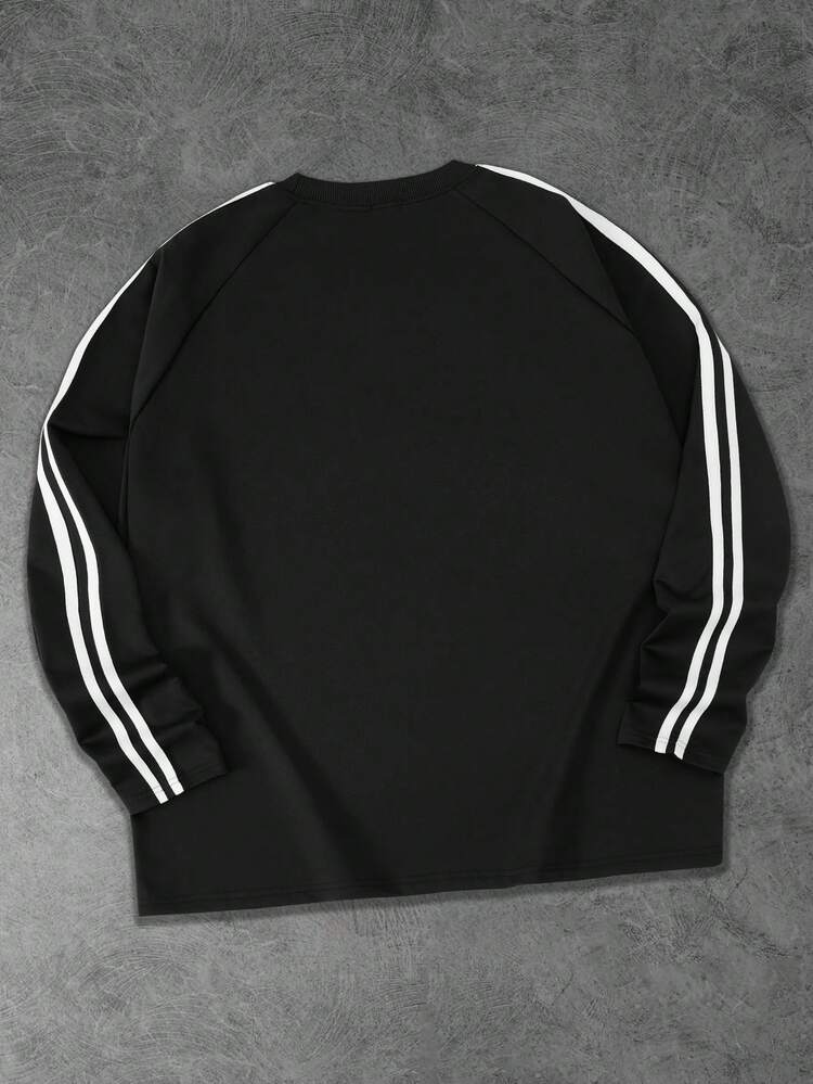 Shwiy Men's Fashionable Casual Sports Italian Text & National Flag Print Long Sleeve T-Shirt With Black Stripes, Suitable For School, Daily Wear, Streetwear - Black - View 2