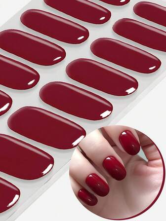 16 tiras de gel de uñas semi curadas, envoltorios completos de uñas de gel burdeos simples, manicura fácil, manicura rápida, calcomanías de arte de uñas para damas para uso diario en el hogar DIY