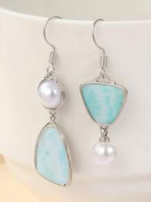 Vintage Copper Asymmetric Faux Pearl Pendant Earrings, Handmade Bohemian Style Women Earrings