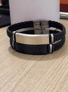 1pc Men's Simple Braided Leather & Stainless Steel Bracelet