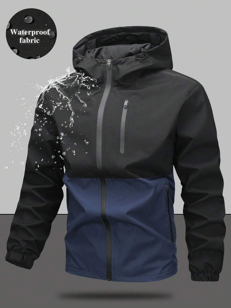 Chaqueta cortavientos con capucha con cordón, bolsillo con cremallera, versátil y casual, adecuada para uso diario - azul real - Añade 1