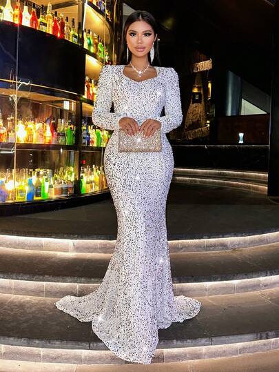 CHOSMO CHOSMO New Autumn Sequins Long Sleeve Orange Prom Dresses Gorgeous Elegant Slim High Waist Elegant Evening Dresses Long Women's Dresses Long Gowns,White Dresses For Women,Silver Dress