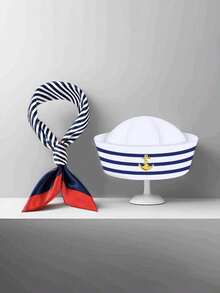 2 Stücke/Set Matrosenhut für Partys, Bühnendarbietungen Cosplay Marinekappe mit weißer Stickerei-Logo, blauen Streifen, für Erwachsene