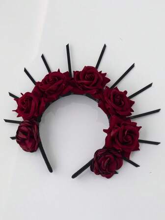1 件黑色勃艮第人造玫瑰新娘头饰头带，黑色哥特式新娘头饰，复古花卉婚礼发冠，Hola Crown 波西米亚风格头饰，适合女性、新娘、舞会、派对、万圣节服装