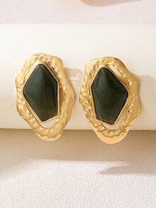 1 Pair Oversized Asymmetrical Geometric Shape Classic Textured Stud Earrings, Versatile For Daily Wear - Coffee - View 5
