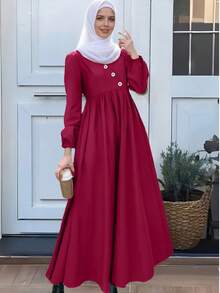 Women's Elegant Casual Solid Color Button Design Pleated Lantern Sleeve Long Dress, Casual Chic Cute Arabic Style Maxi Dress For Spring/Summer/Autumn/Winter