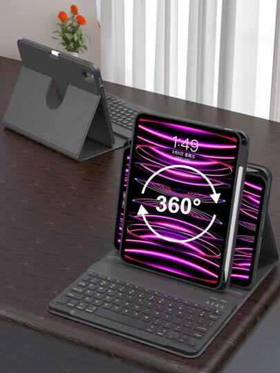 360°旋转支架键盘保护套，兼容iPad第11代/2025款（A16），PU皮革材质，可拆卸无线蓝牙键盘（内置150mAh电池），兼容iPad第11代/第10代Air4/Air5/Air6/Air7 10.9英寸（M2）2024款（M3）以及iPad 10.2英寸机型，配备无线键盘和Apple Pencil笔槽，支持自动睡眠/唤醒功能 - 黑色