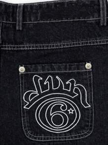 Men's Casual Distressed Wide Leg Baggy Jeans Summer Jeans Hip-Hop Style, Street Style, Rap Style, Embroidery Elements Men Jean Cargo, Grunge - Black - View 3