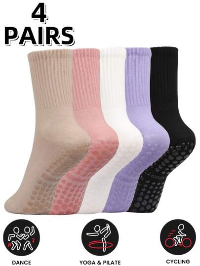 4 双女士彩色中筒瑜伽袜，带防滑硅胶握把，柔软舒适，适合男士和女士日常健身、跑步、骑自行车、瑜伽和普拉提