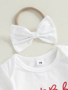 Baby Girl Christmas Outfit Bow Letter Print Ruffle Long Sleeve Romper Bow Headband 2 Piece Set - trắng - Xem 4