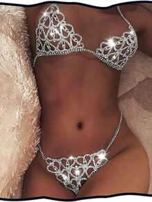 1 套银色水晶水钻身体链首饰，性感闪亮比基尼文胸内衣派对身体配饰，合金和水钻，奢华水钻文胸配饰，迷人心形几何性感夜总会女士私密配饰 - 彩色 - 查看 11