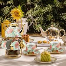 20-Piece Porcelain Tea Set With Metal Stand - Elegant European Floral Tea Cups & Saucers Set, Gold-Trimmed Coffee Service W/ EPS Foam Packaging, Stackable Porcelain Cups & Saucers For Afternoon Tea Gift - 款式2 - 查看 6