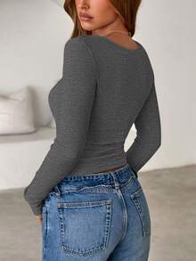 Women Spring And Fall Long Sleeve Shirts Ribbed Crewneck Fitted Basic Tee Going Out Tops Casual Workout Vacation Outfits - 炭灰色 - 查看 2