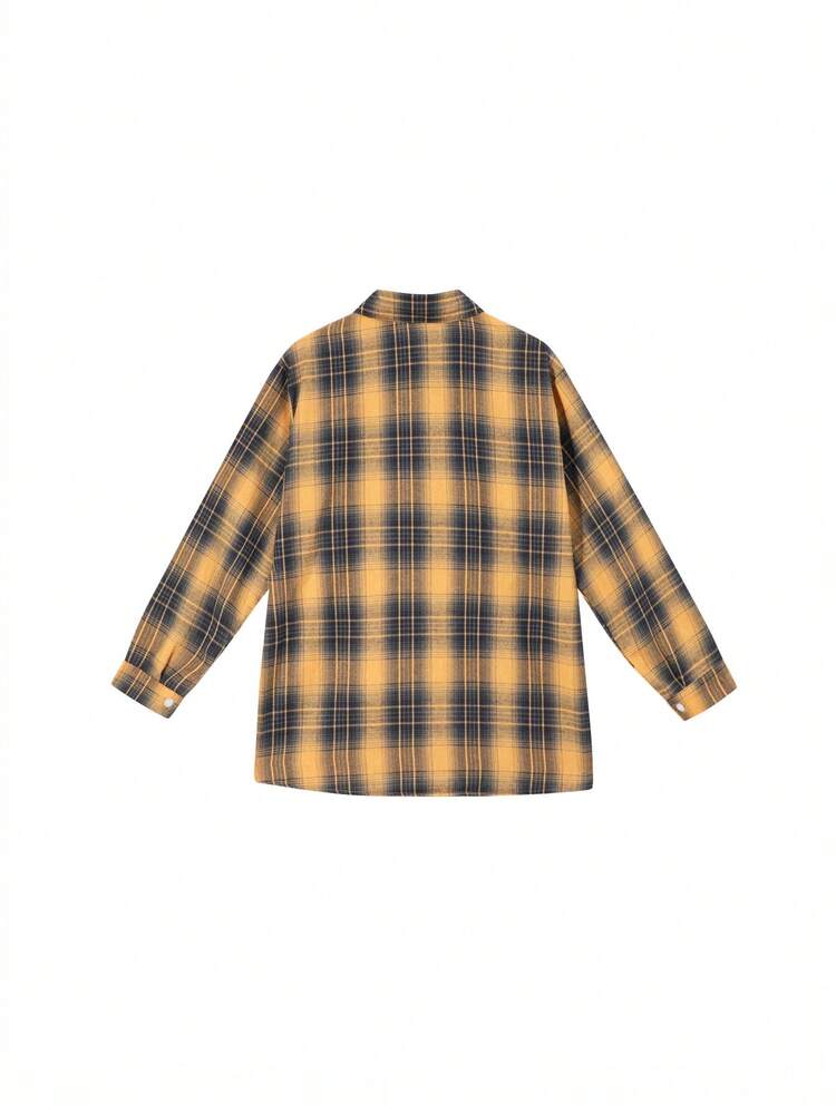 Women's Plaid Drop Shoulder Long Sleeve Single-Breasted Casual Loose Shirt, Random Fabric Panels - Yellow - View 5