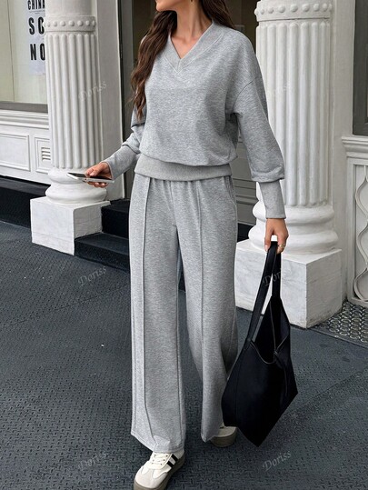 Women's V-Neck Drop Shoulder Long Sleeve Sweatshirt And Pants Set