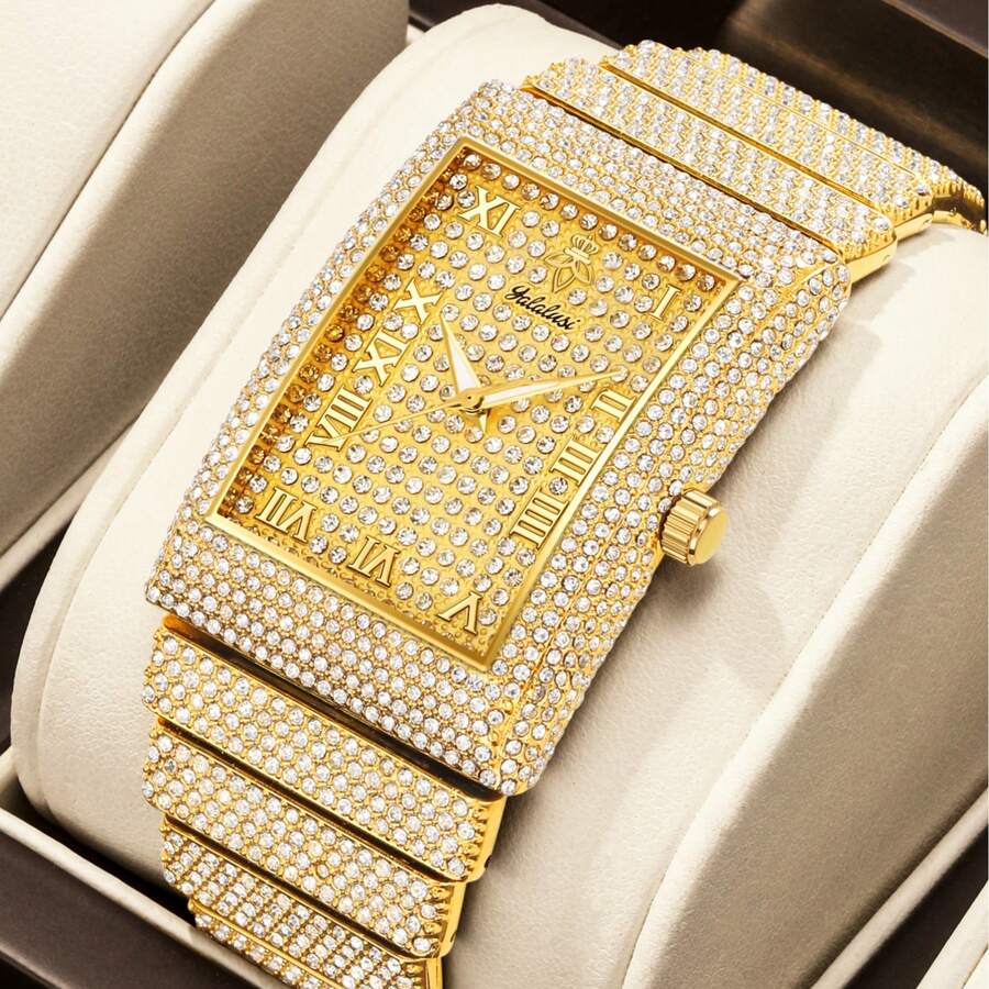 YaLaLuSi Brand 1 Piece Full-Dial Crystal-Studded Fashionable New-Style Women's Quartz Wristwatch With Luminous Hands, Roman Numerals, Quartz Movement, Precise Timekeeping, Versatile Square Dial, Suitable For Daily Wear, Business Commuting, Work, School, Parties, And Evening Events. Includes A Strap Adjuster And Jewelry Polishing Cloth. A Great Gift For Women, Sisters, And Close Friends On Birthdays And Holidays. .