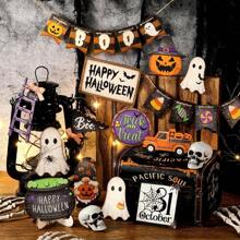 21 件/套万圣节分层托盘装饰套装，可爱的万圣节木制标牌，黑色和橙色托盘标牌，万圣节快乐木制标牌，怪异木块万圣节装饰品（不含托盘） - 彩色 - 查看 13