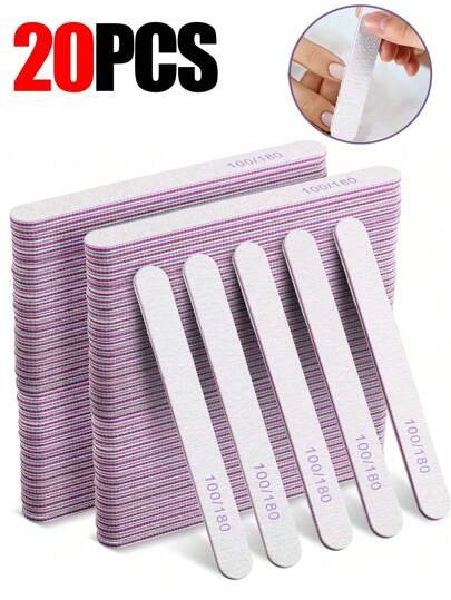 20 片双面 100/180 目指甲锉砂纸板（粗砂和中砂），家用和沙龙用可重复使用的指甲抛光器，适用于亚克力指甲、假指甲和天然指甲的修甲工具。