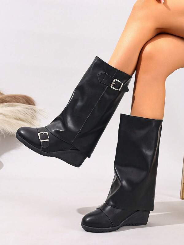 Women's Mid-Calf Boots, Black High Heel Boots, British Style Slimming New Round Toe Side Zipper Flat Wedge Heel Tall Boots