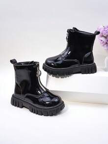 Fashionable Girls' Boots, Black Boots, Black Glossy + Round Ring Zipper, Textured PU Material, Thick Sole Comfortable. - Black - View 8