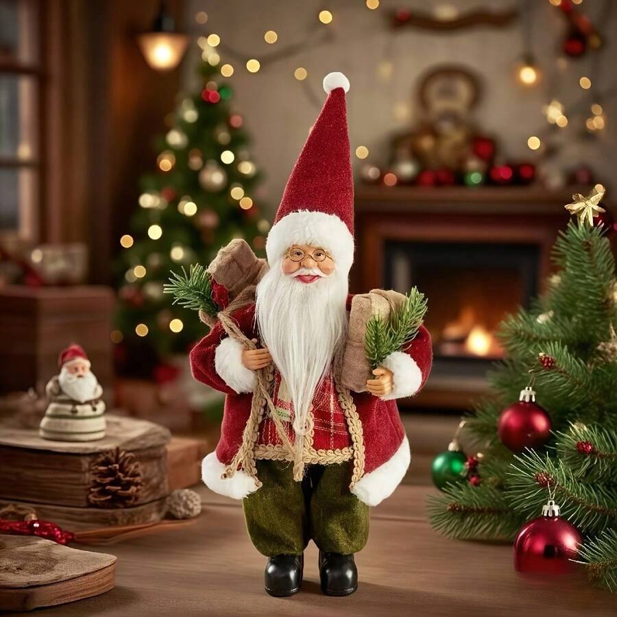 1pc New Country Style Santa Claus Statue With Pine Cone & Gift Bag, Classic Christmas Decor, Suitable For Christmas, Thanksgiving, New Year Decoration