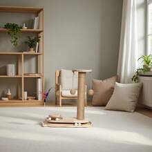 1 Piece Solid Wood Cat Tree, Natural Style With Scratching Post, Scratcher & Teaser Wand All-In-One Design For Cats' Home Self-Entertainment & Claw Grinding - Multicolor - View 10