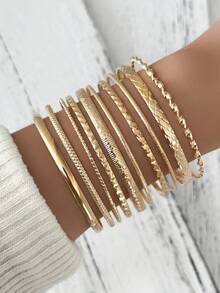 10 件/套女士金属手镯套装，个性化波西米亚风格波浪图案光滑表面纹理袖口手镯，适合送礼、派对、日常佩戴 - 金色 - 查看 2