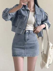 女士长袖拉链牛仔外套和高腰显瘦牛仔裙套装