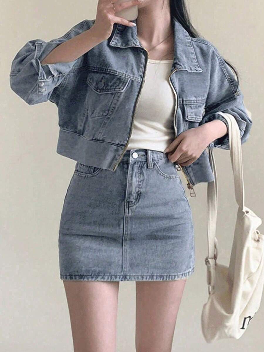 女士长袖拉链牛仔外套和高腰显瘦牛仔裙套装