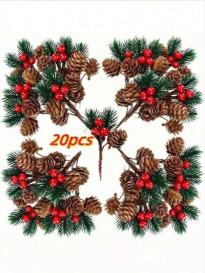 20/10/5pcs Red Berry Stem Pine Tree Branches,Artificial Pine Cone & Berry Swags,Mini Artificial Pinecone Picking Flowers DIY Wreath,Plastic Christmas Tree Branches For Crafts, Fireplace, Bar, Party, Holiday Decorations Wedding Party Supplies Kitchen Restaurant Table Centerpieces, Valentine Day, Gift Home Decor Christmas Decorations Room Decor Winter Christmas Decorations Home Christmas Gifts Christmas Decor
