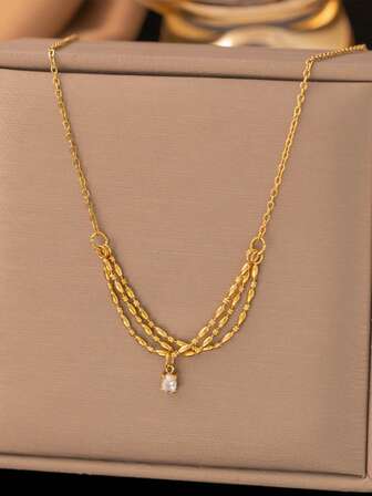 1 件 18K 金不锈钢方形锆石吊坠项链，时尚 Ins 2025 新款设计，适合女性日常佩戴，防水珠宝配饰礼物（不含礼盒）