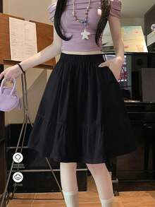 Rikumo 日系休闲黑色半身裙，带口袋，A字裙摆设计，春季款 - 黑色 - 查看 9