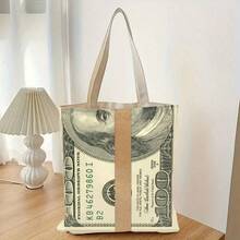 1 pieza, Bolso de tela vintage con impresión de billetes de $100 a doble cara, bolso de lona con tema de dólar de moda, bolso de playa, estilo bohemio y académico, adecuado para el hogar, compras, viajes, escuela, regalos, 16in*14in