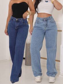 Stillger Moda Jeans Kit 2 Women's Wide Leg Jeans Pants High Waist Stillger - 中等水洗藍 - 查看 2