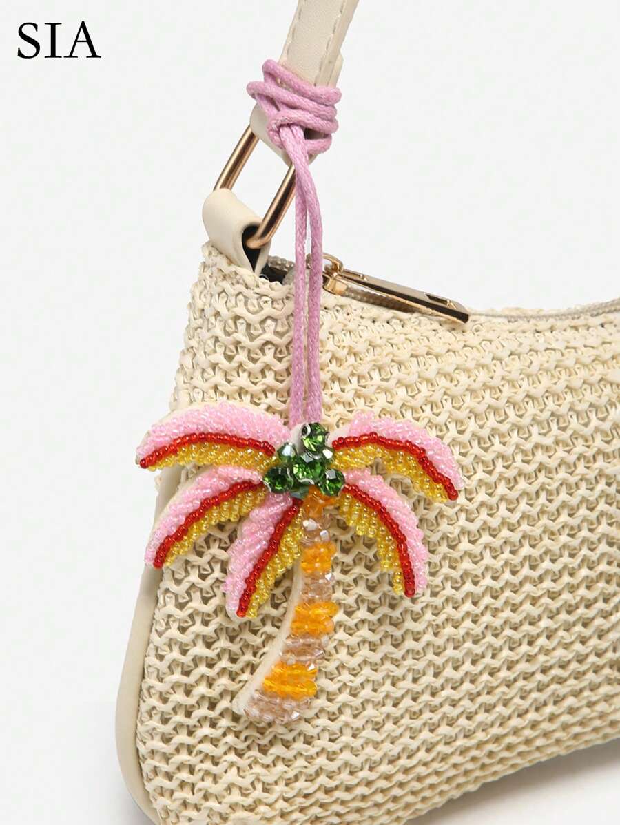 1 件女士复古度假海洋生物和水果串珠装饰单肩/腋下法棍包，适合约会、郊游、度假、珠子、镶嵌珠子、手工指甲珠