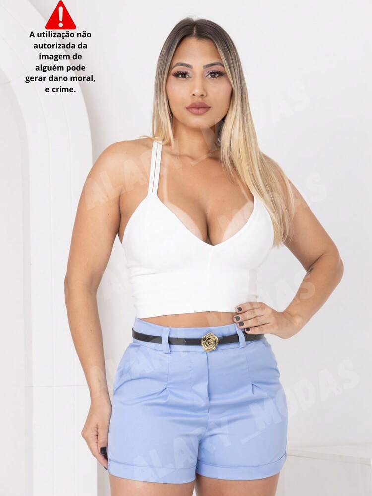 Women's Tailored Shorts High Waist With Golden Flower Belt And Pockets Summer Fashion From S To G3 Plus Size - 淺藍色 - 查看 3
