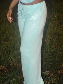 Steph T 亮片低腰长裤度假夏季伊比沙岛优雅沙滩装波西米亚风休闲狂欢节夏季保暖女装 - 淺藍色 - 查看 6