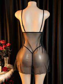 性感内衣两件套：黑色蕾丝和透明网眼娃娃装（含丁字裤） - 黑色 - 查看 2