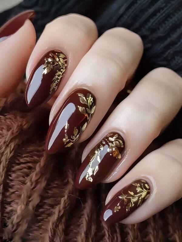 Add A Touch Of Romance With 24Pcs Almond Shape Sparkling Gold Sparkling Pink Plant Pattern Burgundy Red Press On Nails Full Coverage Fake Nail Tips For Women And Girls Includes 1Sheet Adhesive Tabs & 1Pc Mini File Suitable For Autumn And Winter Seasons Party Date And Office Daily Wear False Nails Jelly Glue Is Randomly Shippe Nail Supplies Nails