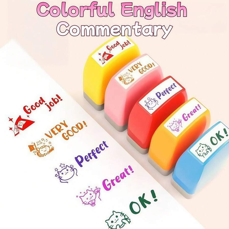 1 con dấu cao su nhiều màu sắc có mực tích hợp, con dấu nhận xét của giáo viên cảm quang, thích hợp cho phần thưởng học tập, phần thưởng đánh giá, con dấu động viên, hoạt động giáo dục, ghi nhãn rõ ràng, con dấu nhiều màu sắc kèm khay đựng. - Nhiều màu - Xem 1