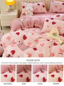 2/3件套浪漫爱情主题提花床上用品套装，超柔软，男女皆宜，学生宿舍理想之选，甜美可爱，水洗磨毛被套和枕套套装，春夏款，可选单人/双人/特大号尺寸