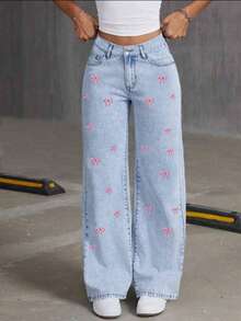 Teen Girls' Light Blue Casual Cat Whisker Patterned Bow Embroidered Straight Leg Jeans - Light Wash - View 2