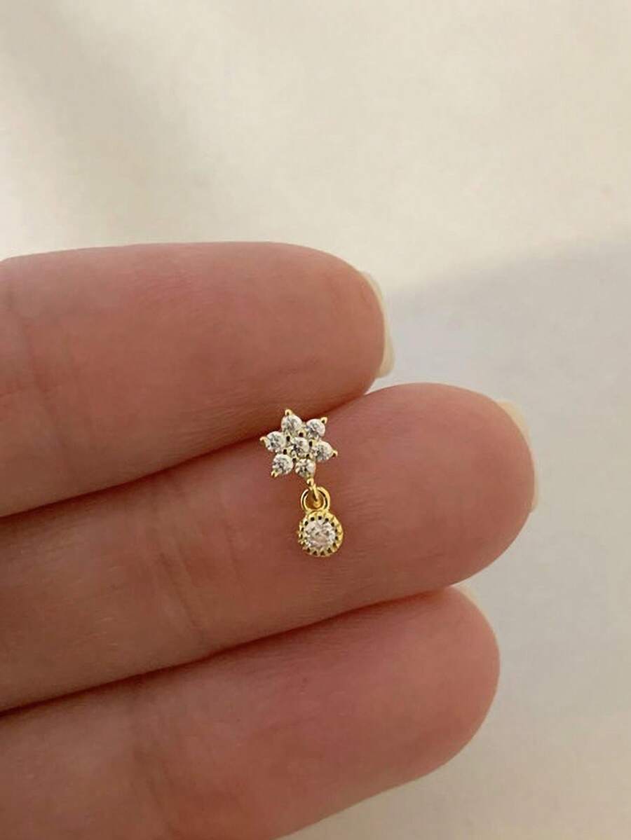 IN Z 1件金色花朵吊墜內螺紋唇飾耳釘 | 925純銀耳環 | 耳軟骨耳釘 | 平背唇飾 | 耳洞穿刺飾品 | 中性日常配戴（單件販售）