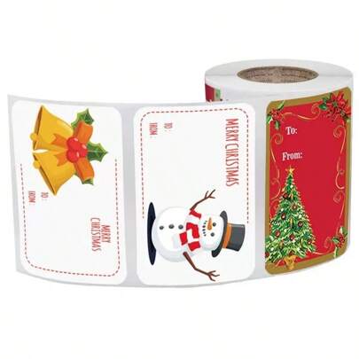 1 rollo de 250 etiquetas adhesivas decorativas para regalos navideños, con diseños de muñeco de nieve, flores, campanas, árboles de Navidad y varios patrones, adecuadas para decorar regalos y pijamas navideños