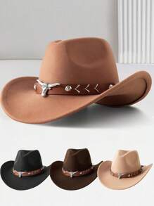 1pc Unisex Retro Western Cowboy Hat With Bull Trim For Everyday Casual Wear, Western Cowboy Parties.