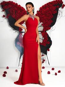 ADYCE 女士华丽水钻露背系带长裙，高腰褶裥设计，适合舞会、派对、正式场合、婚礼等。 - 紅色 - 查看 5