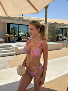 女士春夏波西米亚风佩斯利印花系带露背比基尼套装，树叶图案印花，波西米亚风可爱露背系带沙滩装，适合海滩、复活节、圣帕特里克节、外出、毕业典礼等场合，优雅时尚 - 彩色 - 查看 1