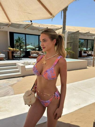 Women's Bohemian Paisley Print Tie-Back Bikini Set, Leaf Pattern All-Over Print Backless Tie-Up Beach Vacation Casual