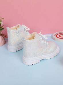 1 双男女款经典圆头闪亮 PU 公主靴，前系带，侧拉链，中筒，厚底，保暖衬里，适合冬季 - 白色 - 查看 3